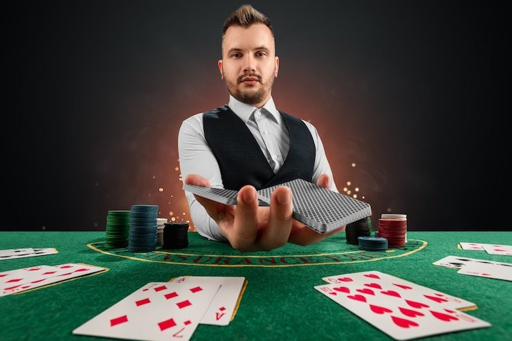 Permainan Free Bet Blackjack sedang berlangsung dengan kartu dealer dan pemain